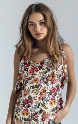 Bailey44 Seda Floral Top Doble Volantes Lados Correa Trenzada Marfil Talla Pequeña Foto 1 de 4