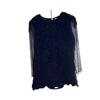 Vestido/Blusa Diane Freis Vintage Mujer Talla L Seda Cuentas a Mano Azul Marino Lentejuelas Foto 1 de 4