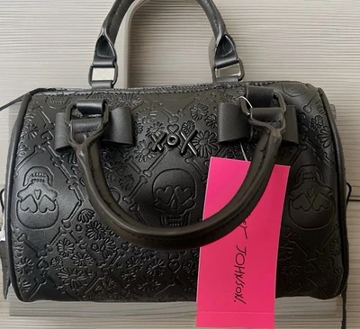 Betsey Johnson Viral Black Barrel purse bag with bows and skull skeletons XOX - Image 1 of 4