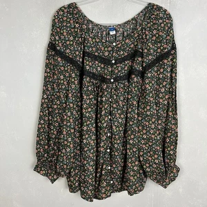 Old Navy plus size 3X long sleeve button front blouse black floral boho lace - Picture 1 of 12