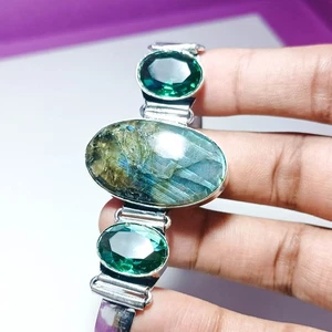 Natural Labradorite and Sea-Green Quartz 925 Sterling Silver Bracelet 7.4" - Picture 1 of 6