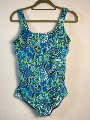 Traje de baño Lands' End de una pieza talla 12L azul claro blanco tropical acolchado sujetador inalámbrico Foto 1 de 4