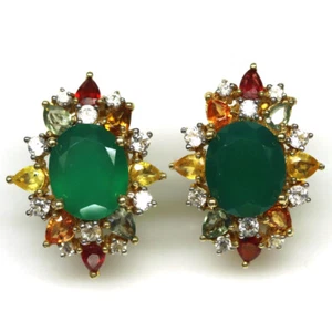 Pendientes De Ágata Verde, Zafiro Y Circonita De Plata Esterlina 925 10 X 12 Mm - Imagen 1 de 4