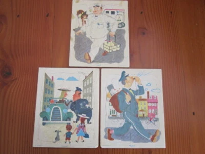 3 rompecabezas de prensa dorada vintage PLAYSKOOL lechero policía cartero papel prensado Foto 1 de 4