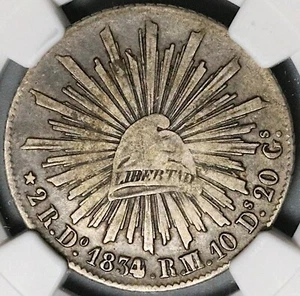 1834/2-Do NGC VF 25 Mexico 2 Reales Durango Cap Rays Coin POP 2/1 (23071104C) - Picture 1 of 6