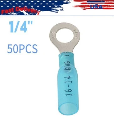 Heat Shrink Ring Terminals 1/4" Eyelet Wire Connectors - Blue 16-14 Gauge 50PCS - Image 1 of 4