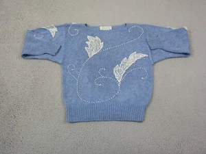Vintage Nannell Sweater Womens Small S Blue Beaded Sequin Leaf Acrylic Wool - Picture 1 of 13
