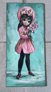 Vintage Jean Maio Big Eyes Girl Pink Dress Flowers Wood Print Coquette Playful - Picture 1 of 4