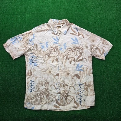 Cubavera 夏威夷衬衫男式大号米色花卉 100% 纤维胶夏季海滩 Ca — 第 1/4 张图片