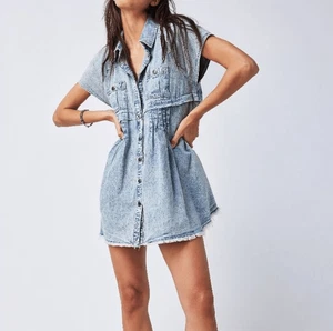 Mini Camisa Vestido Free People Ronnie Pequeño Azul Denim Babydoll Botón Frontal Jean - Imagen 1 de 16