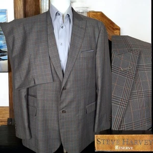 Steve Harvey 2 Piece Suit Mens 48L 40X32 Brown Plaid Peak Double Vented - Picture 1 of 13