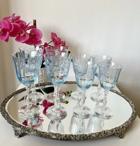 Set Of 8 Fostoria Navarre Blue 4 Water Goblets & 4 Wine Glasses - Picture 1 of 17