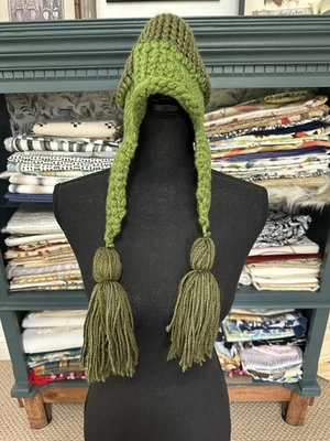 Hand Crocheted Beanie Women's Green With Ear Flaps & Tassels Handmade - Image 1 of 4