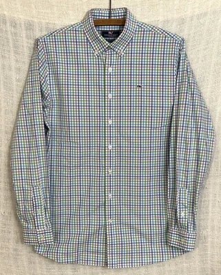 Camisa ballena Vineyard Vines niño talla XL púrpura azul verde a cuadros abotonada L/S Foto 1 de 3