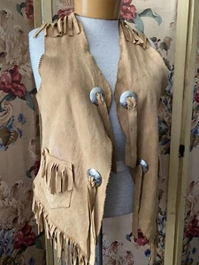 Vintage Miller Colorado Vest Western Beige Tan Suede Leather Fringe Hippy Boho - Picture 1 of 9