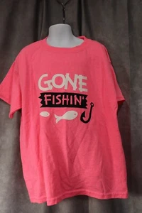 Gildan Youth Girls Neon Pink Gone Fishin Short Sleeve T-Shirt Size Small - Picture 1 of 3