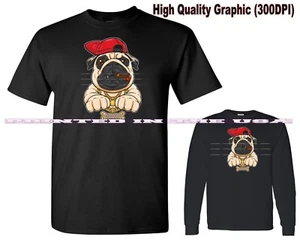 Schwarzes T-Shirt Mops Gangsta Rapper Rasse Hund mit Knochen Glitzer Cartoon - Bild 1 von 6