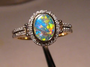 Opal and Diamond Ring , Solid  14 k Yellow Gold   , Neon B5 +  Color - Picture 1 of 11
