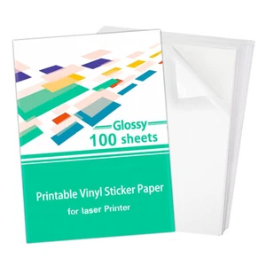 100 Full Sheets Glossy White Printable Sticker Paper 8.5"x11" for Laser Printer - Picture 1 of 9