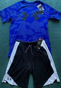NWT Under Armour XL Boys Royal Blue Print/Black/White Heat Gear Shorts Set YXL - Picture 1 of 4