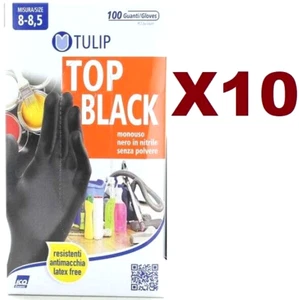 1000 SINGLE USE TULIP TOP BLACK NITRILE POWDERLESS GLOVES SIZE L 8-8.5 - Picture 1 of 2