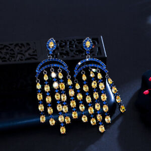 Blue Yellow CZ Crystal Women Costume Big Long Dangle Chandelier Tassel Earrings