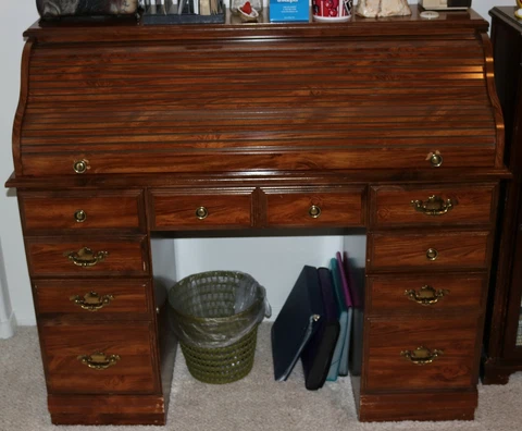 Vintage Wood Knee Hole Roll Top Desk Double Pedestal Locking File Drawer  C.1950 Cover