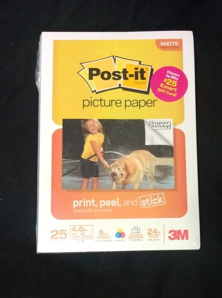 3M POST-IT Picture Paper 4"x6" 25 Matte Non-Glare Sheets Peel Stick 5 mil Sealed - Image 1 of 2