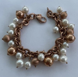 HONORA BRONZE ITALY ROSE GOLD-PLATED DANGLE PEARL BEAD BRACELET 6105 - Picture 1 of 8