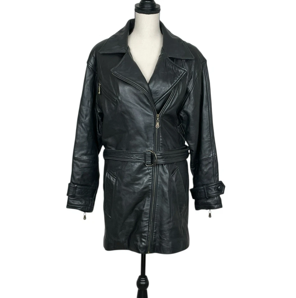 Chaqueta de moto vintage Hugo Buscati de cuero con cinturón talla M abrigo de coche minimalista Foto 1 de 4