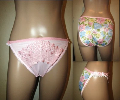Vtg Pink Satin String Bikini Nylon  Sz 7 Custom Sissy Wide Gusset low rise - Image 1 of 4