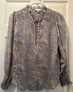 Alex & Lili Size S Blouse All Seasons L/S Gray Pink Floral Smocking Tie @ Neck - Picture 1 of 5