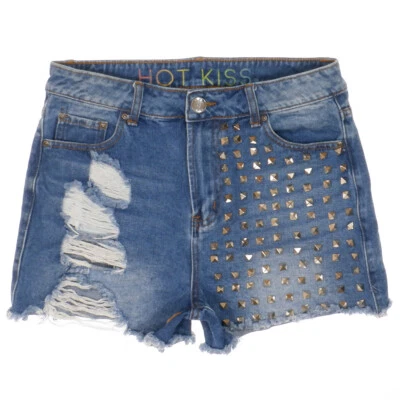 Hot Kiss Super High Rise Shorts 9 Studded Distressed Raw Hem Juniors Measure W29 - Image 1 of 4