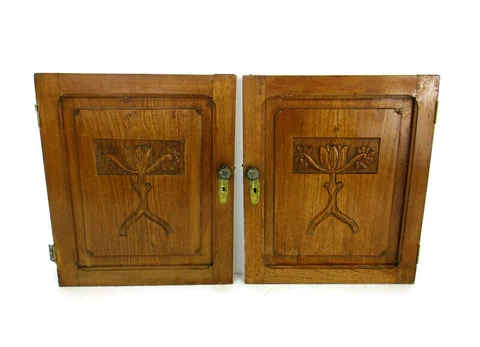 Pair Antique Hand Carved Wood Door Panels Reclaimed Architectural Trees Cover