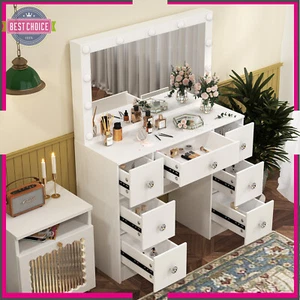 Makeup Vanity Set Large LED Lighted Mirror Dressing Table Dresser Desk 7 Drawers - Picture 1 of 12