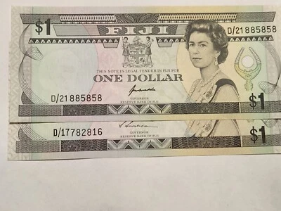 Fiji $1 x 2 Diff. Signatures 1980s Q.Elizabeth AUNC Fancy SN 885858 +GIFT!  Fj4 - Image 1 of 4