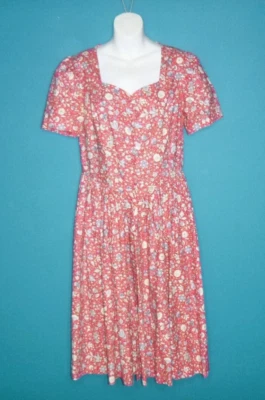 Vtg 90s Laura Ashley Red BLue FLoral Cotton Dress Button Front Hungary Sz 10 - Image 1 of 4