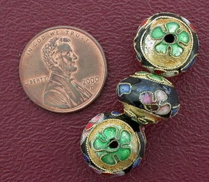 THREE 13.5MM FLORAL ROUND CLOISONNE BEAD CB8 - Picture 1 of 1