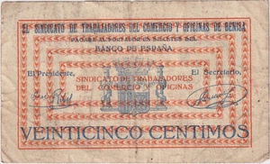 Banknotes Benisa 25 Cents 1937 - Trade Union Workers - Rare -escaso - Picture 1 of 2