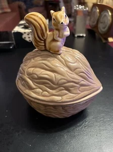 Super Cool Vintage Squirrel Sitting on A Giant Walnut Lidded Jar Candy Dish - Picture 1 of 7