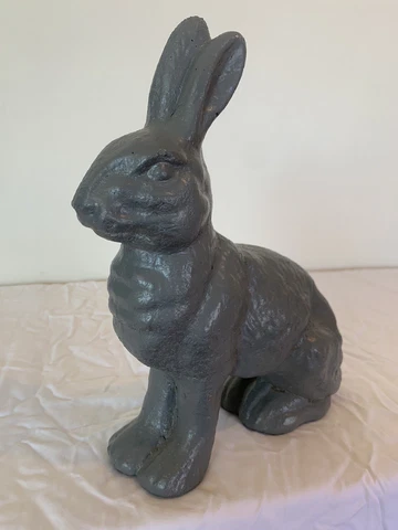 Vintage Cement Concrete Garden Statue Bunny Rabbit Hare 10.5” Tall Painted Grey Cover