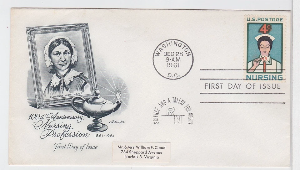 TurtlesTradingPost- Nursing 100th Anniversary- 1961 #1190 FDC Artmaster Cachet - Image 1 of 1