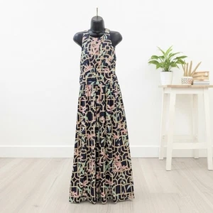 Tori Richards Maxi Dress Hawaiian Floral Sz Large USA Navy Floral Stretch Knit - Picture 1 of 9