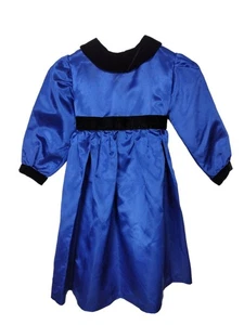 Vintage Satin Blue Jewel Tone Velvet Trim Holiday Party Dress Girls 10/12 - Picture 1 of 7