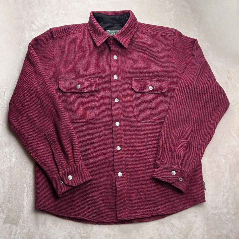 Woolrich Men M Heavy Wool Red Stripe Plaid Overshirt Chore Jacket Large Pockets - Image 1 of 4