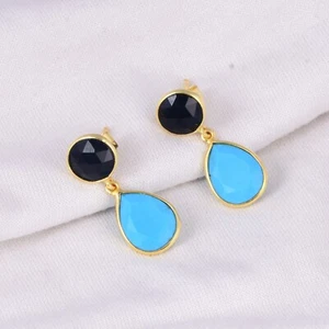 Turquiose Earrings, 925 Sterling Silver Earring, Two Stone Earrings, Black Onyx - Picture 1 of 15