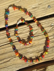 RAINBOW NECKLACE AND BRACELET SET AMBER MIYUKI CUBES AND DYED ABALONE SHELL - Picture 1 of 10
