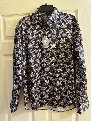 Luchiano Visconti 黑色彩色海军蓝佩斯利纽扣衬衫 M — 第 1/4 张图片