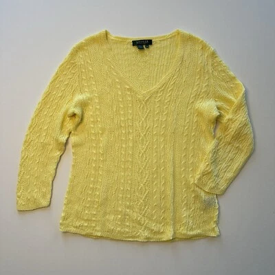 Женский льняной свитер Polo Ralph Lauren размер PM желтый с V-образным вырезом рукав 3/4 - Изображение 1 из 4