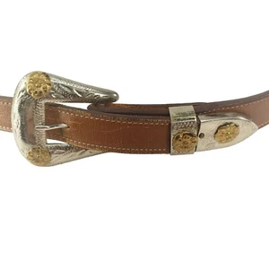 Justin Stitched Leather Belt w/Sulver & Gold Buckle Women’s Size 28 (27-31) - Picture 1 of 13